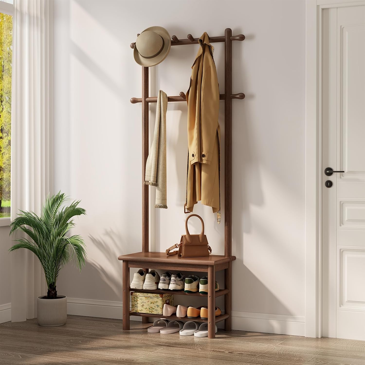 Narrow Hall Tree with Bench, 11 Hooks and 2-Tier Shelves, 23.6 in - Walnut Finish