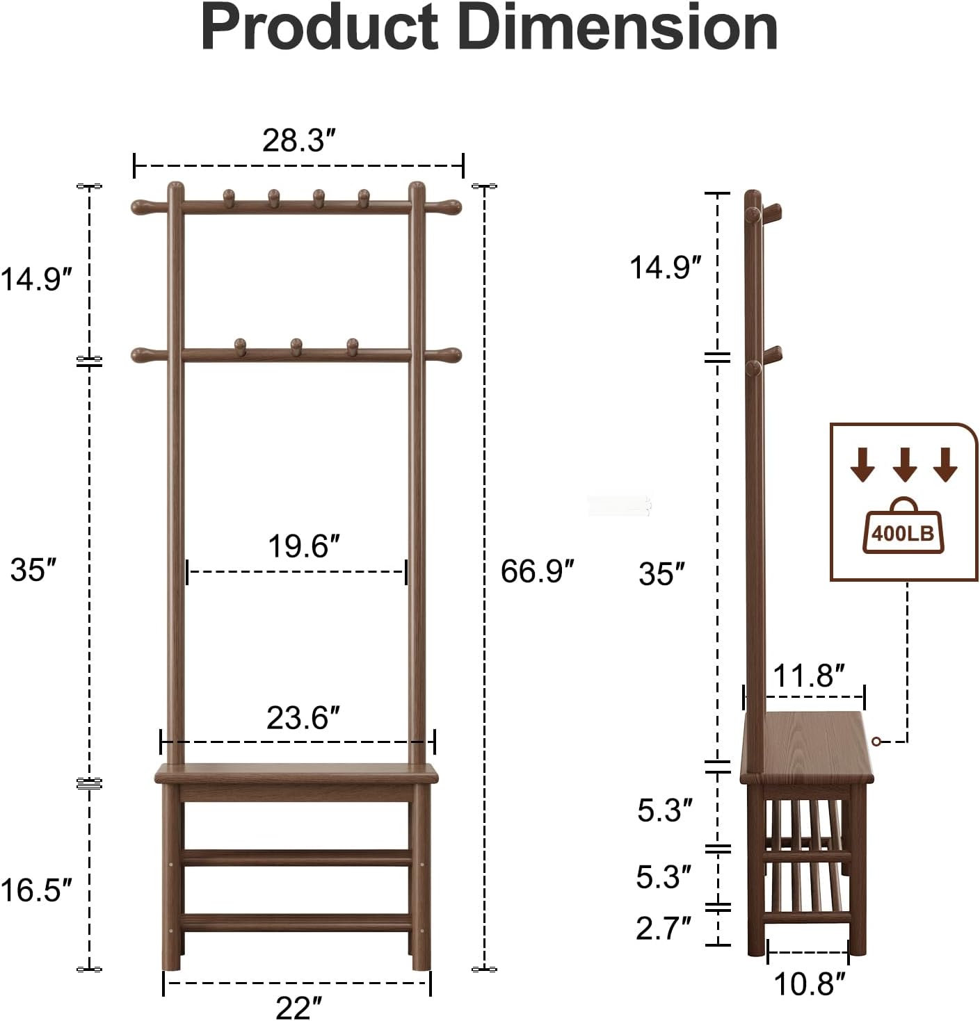 Narrow Hall Tree with Bench, 11 Hooks and 2-Tier Shelves, 23.6 in - Walnut Finish