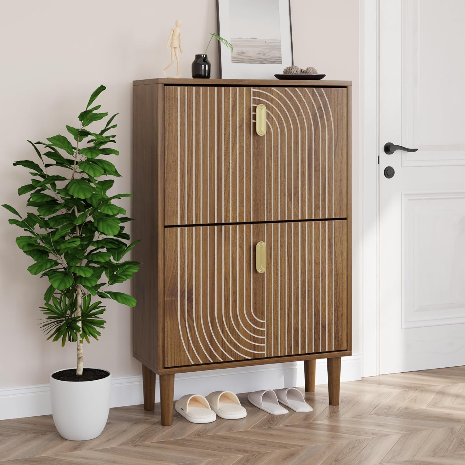 Shoe Cabinet with 2 Flip Drawers, 23.6 in - Walnut with Line Groove Front