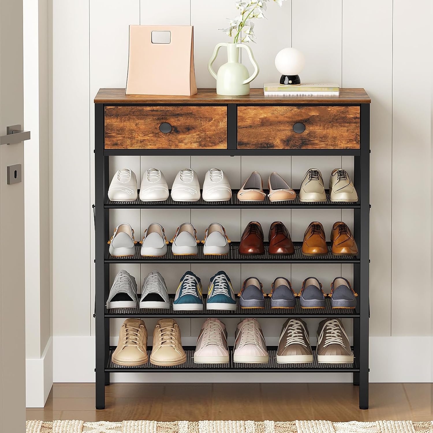 5-Tier Shoe Rack with Drawer and Wooden Top, Holds 20 Pairs - Rustic Brown and Black