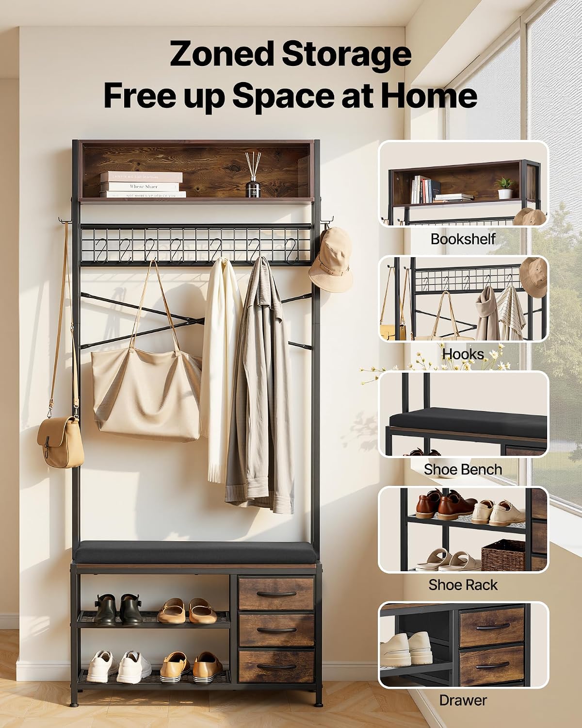 Hall Tree with Cushioned Bench, 3 Drawers, 3 Cubbies and 7 Hooks