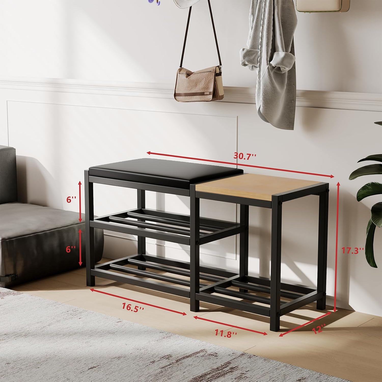 Shoe Bench with Under-Rack and Padded Seat, Rated to 570 lb