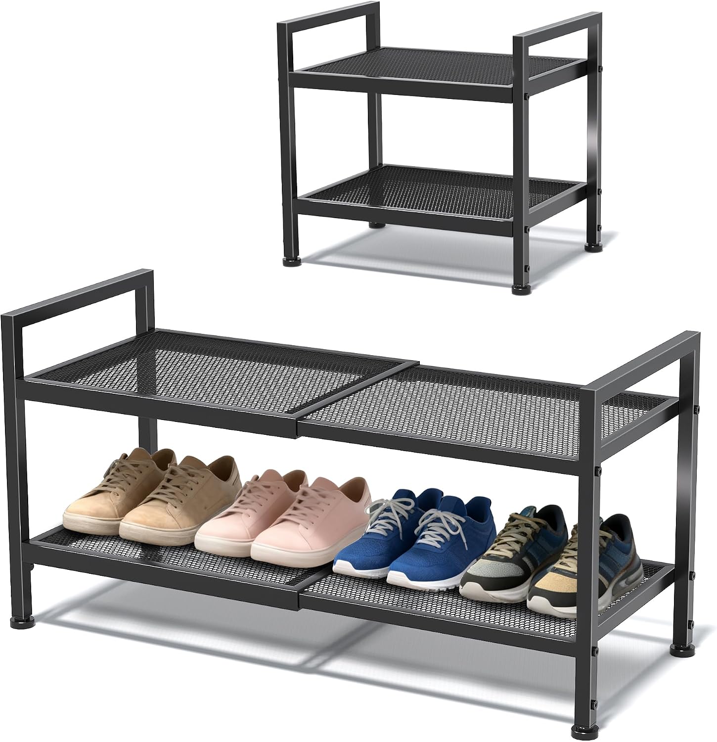 Expandable 2-Tier Shoe Rack, Adjustable 17 to 30 in - Black Mesh