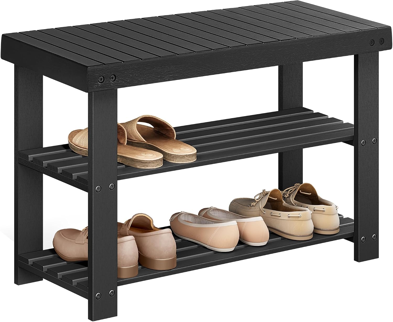Bamboo Shoe Bench, 3 Tier - 27.6 x 11.3 x 17.8 in, Holds up to 286 lb, Ink Black