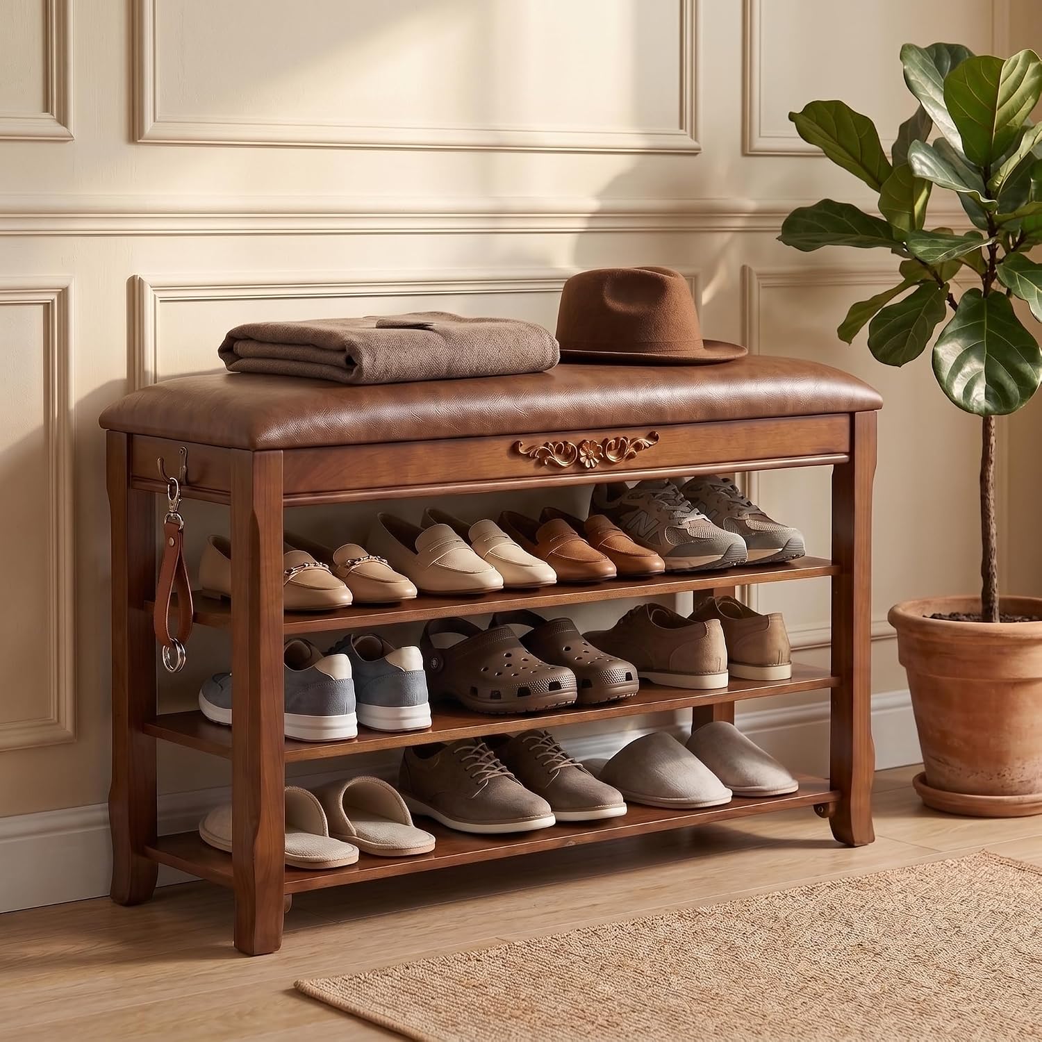 Shoe Storage Bench with Leather Cushion, 31.5 in - 3 Removable Adjustable Shelves