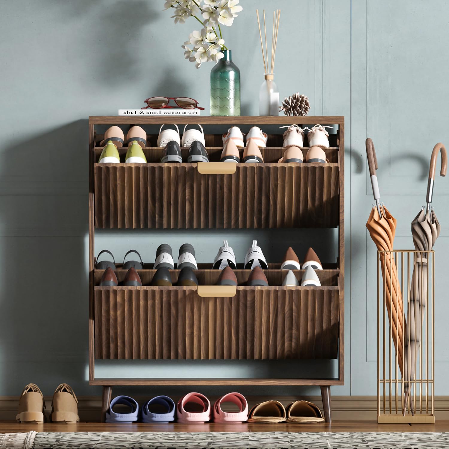 Modern Freestanding Shoe Cabinet with 2 Flip Drawers, Narrow - Walnut