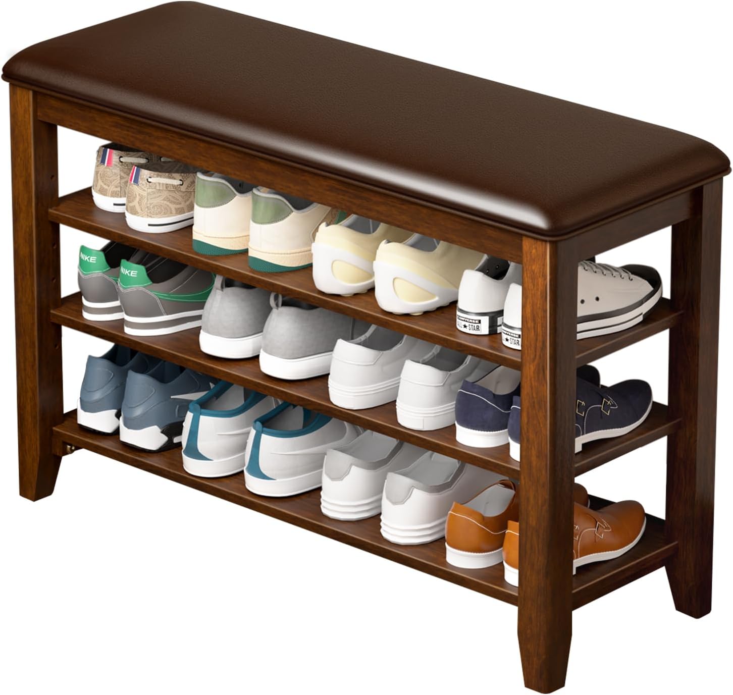 Solid Wood Shoe Bench with 3 Adjustable Shelves, 23.6 in - Rated to 500 lb