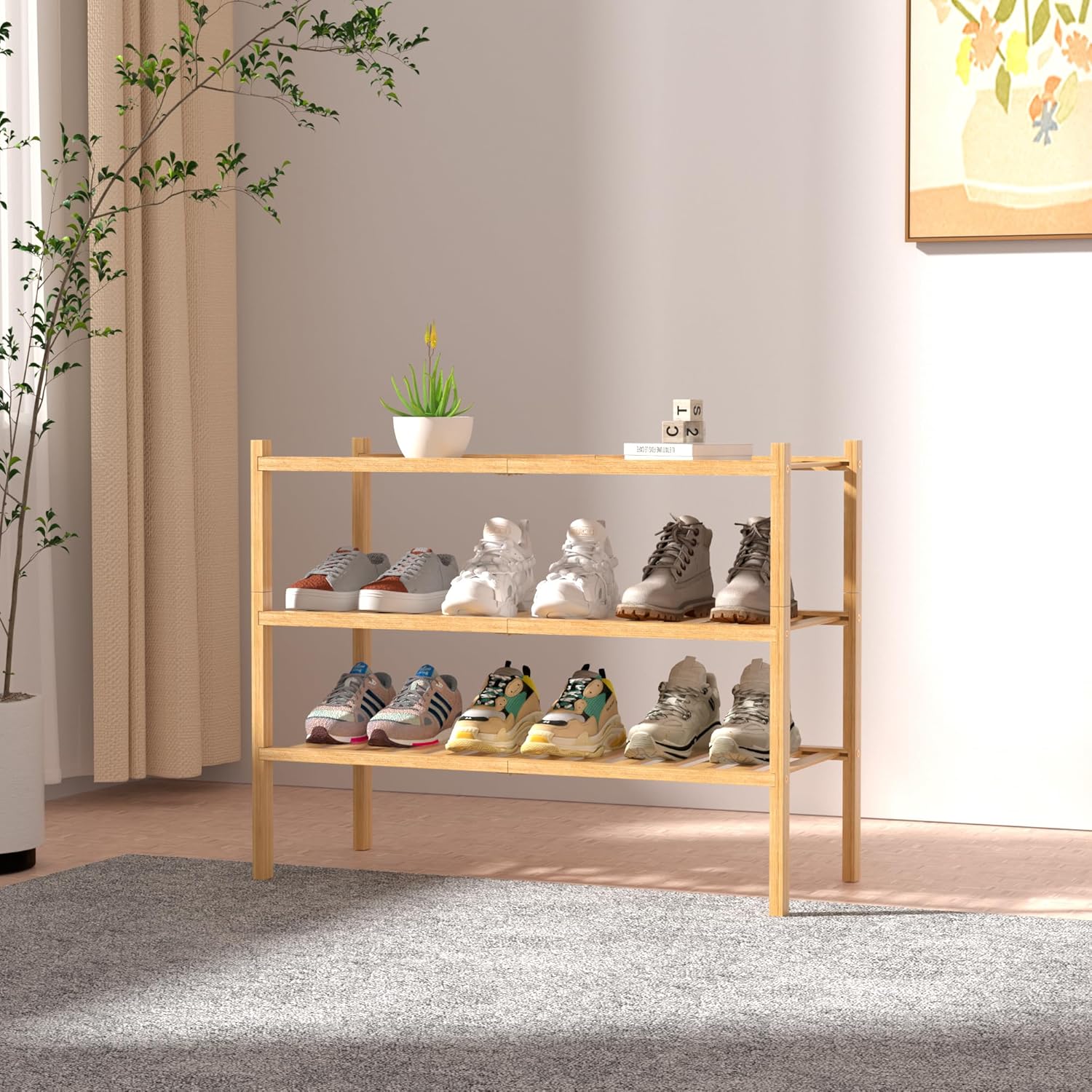 Bamboo Shoe Rack, 3 Tier - 27 x 11 x 20 in, Free Standing and Stackable, Natural