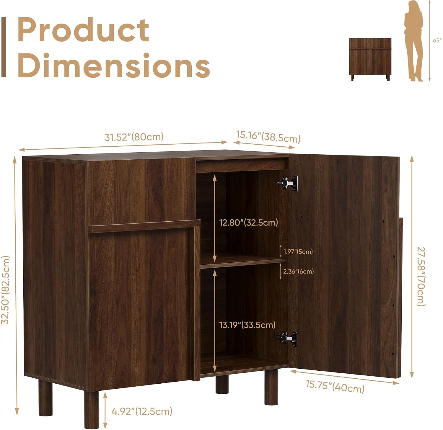 Freestanding 2-Door Sideboard Buffet Cabinet, 31.5 in - Walnut