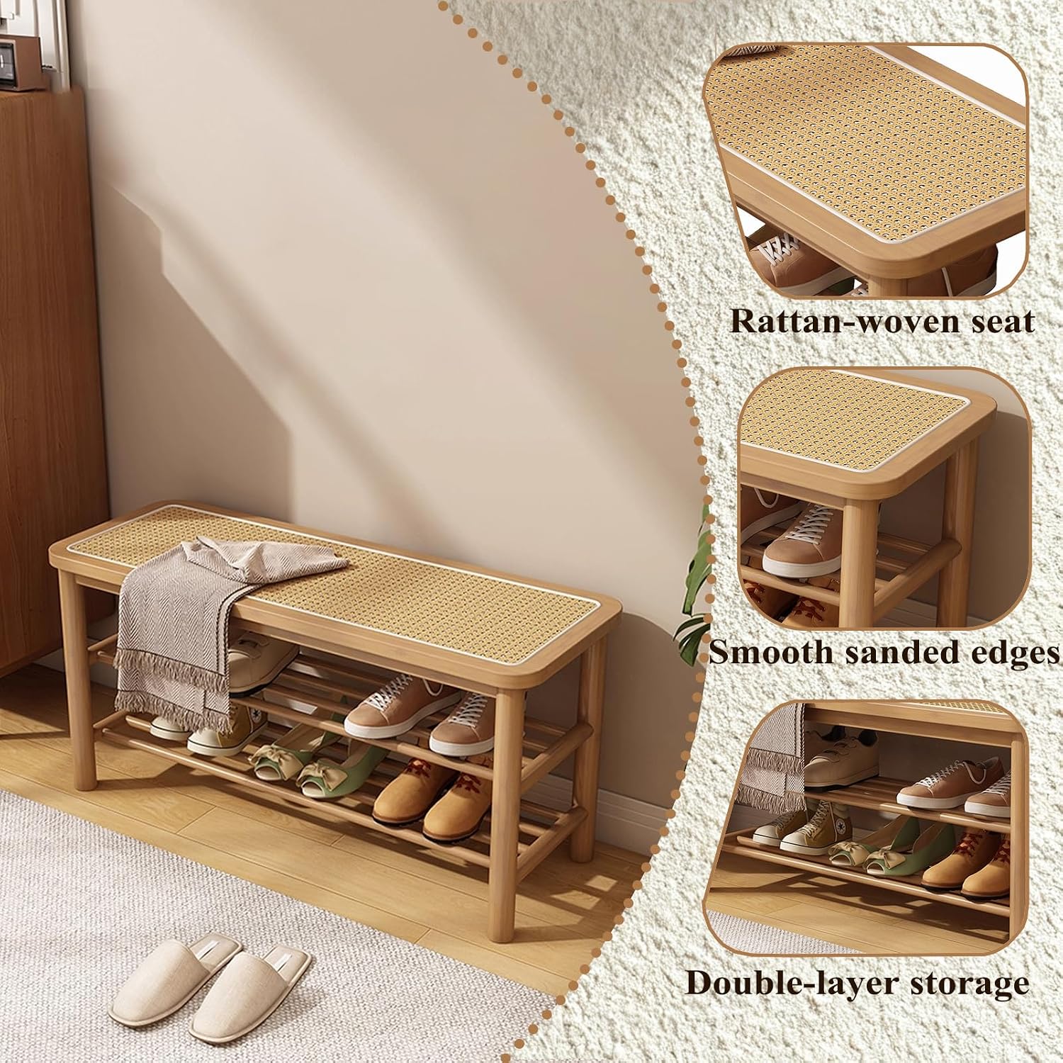 Bamboo Shoe Bench with Rattan Seat, 3 Tier - 31.5 in, Natural