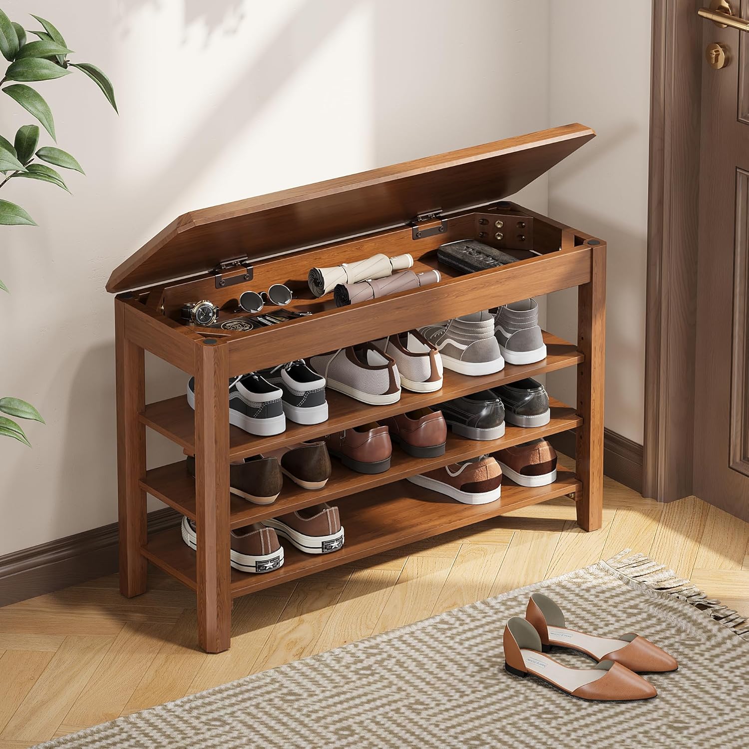 Rubberwood Shoe Bench, 3 Tier - Mid-Century Design, Rated to 550 lb