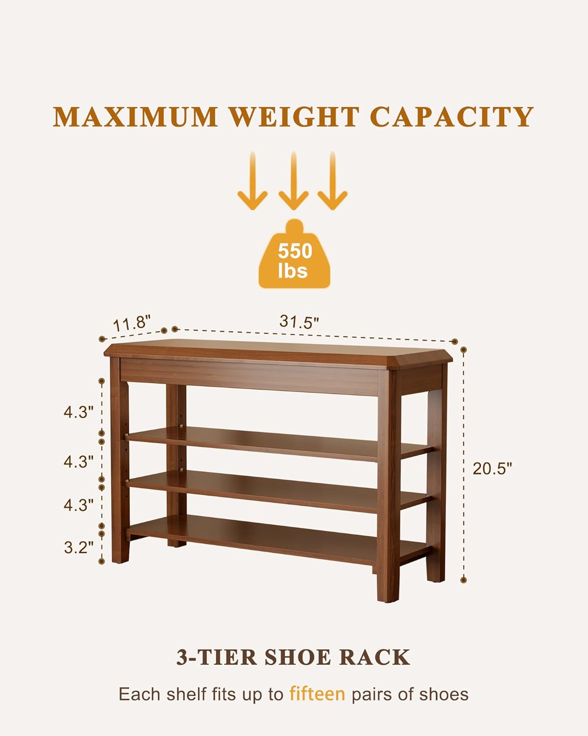 Rubberwood Shoe Bench, 3 Tier - Mid-Century Design, Rated to 550 lb