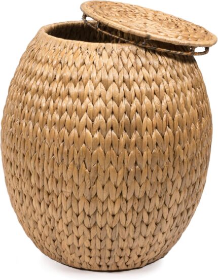 Handwoven Hyacinth Storage Stool with Lid, 17 in - Natural, Linen Lined