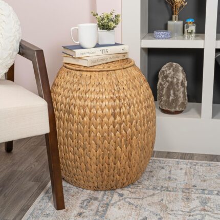 Handwoven Hyacinth Storage Stool with Lid, 17 in - Natural, Linen Lined