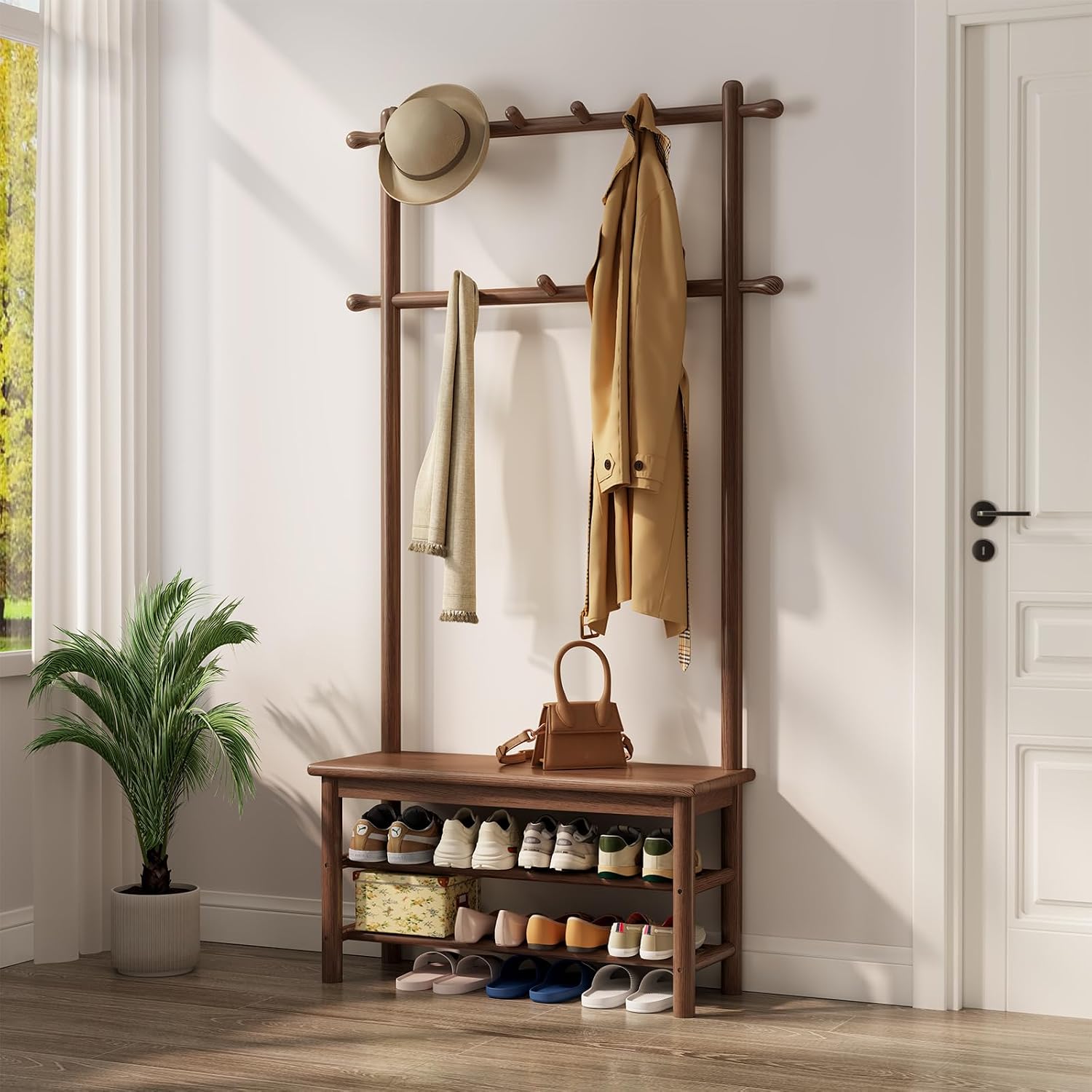 Wooden Hall Tree with Bench, 11 Hooks and 2-Tier Shelves, 31.5 in - Walnut Finish