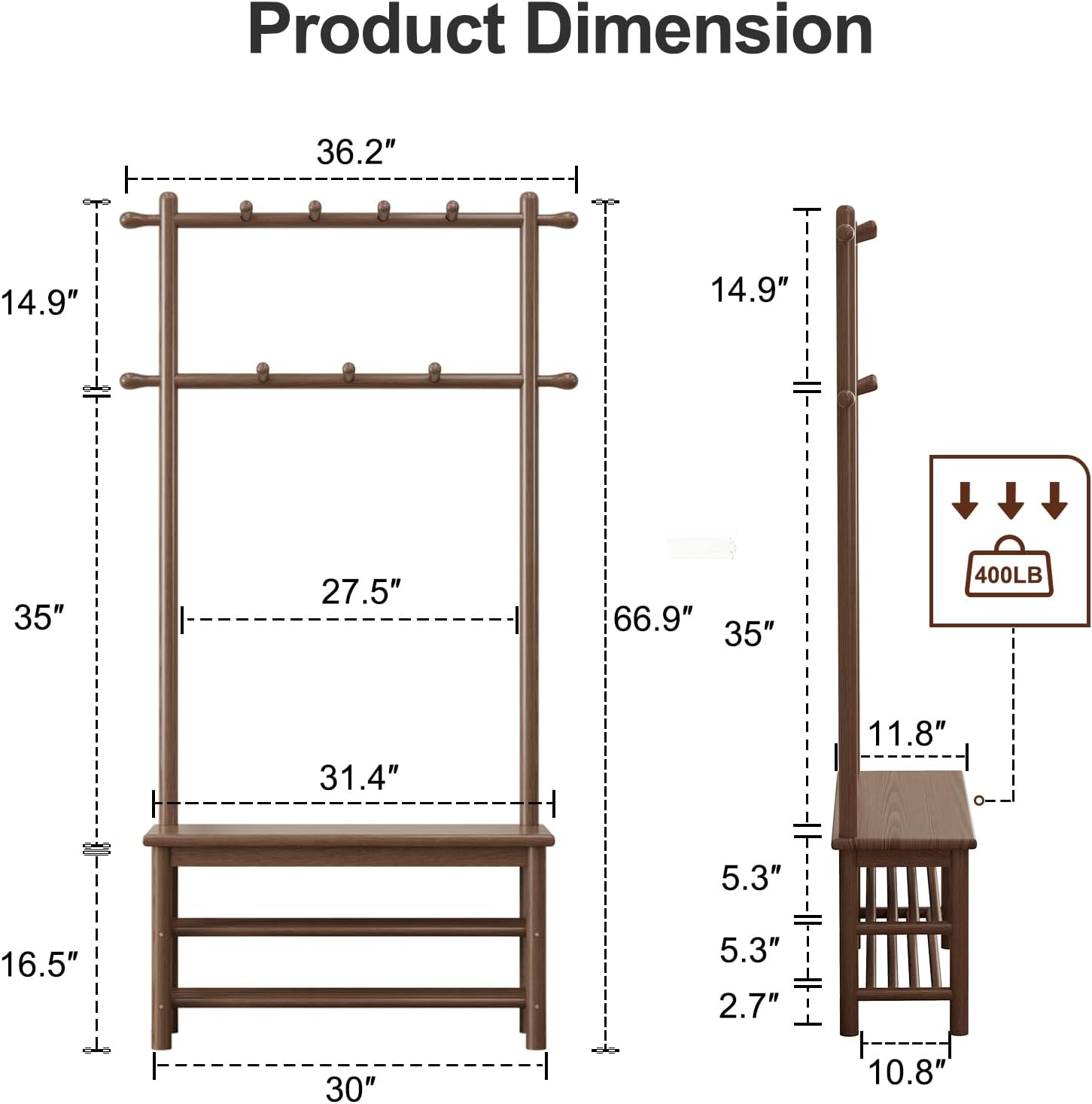 Wooden Hall Tree with Bench, 11 Hooks and 2-Tier Shelves, 31.5 in - Walnut Finish