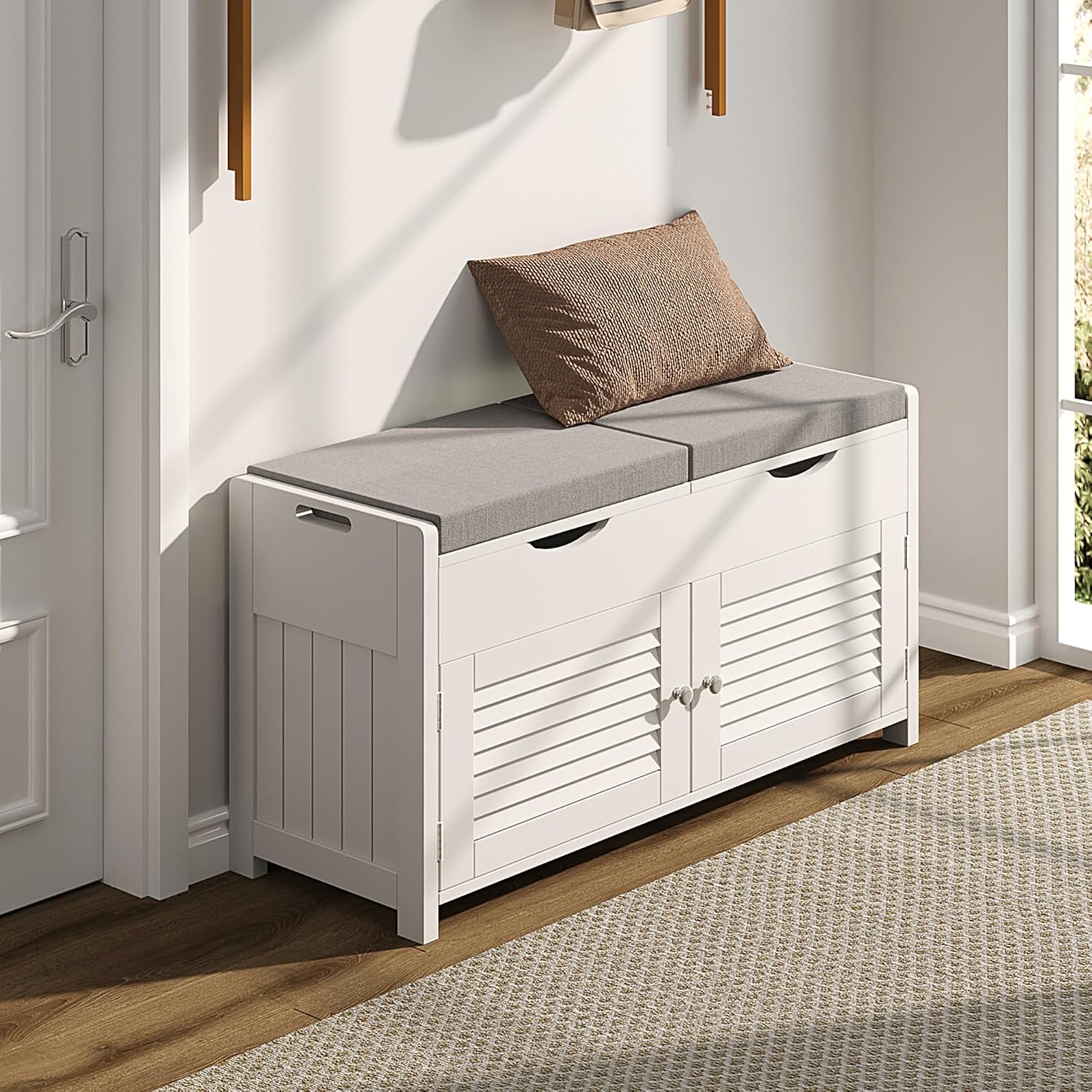 Shoe Storage Bench with Lift-Top and Cushioned Seat, 29.5 in - 3 Compartments, White