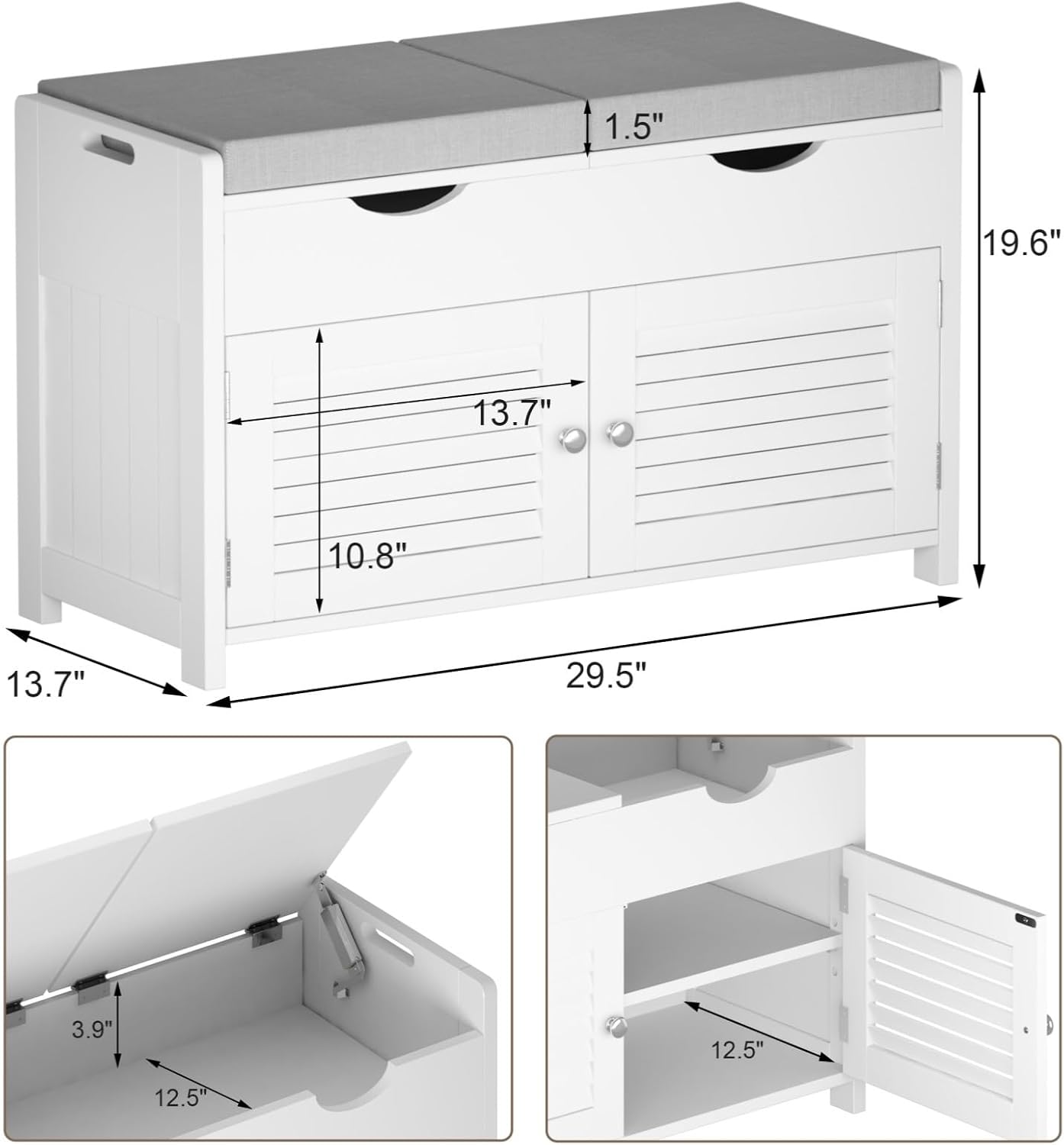 Shoe Storage Bench with Lift-Top and Cushioned Seat, 29.5 in - 3 Compartments, White