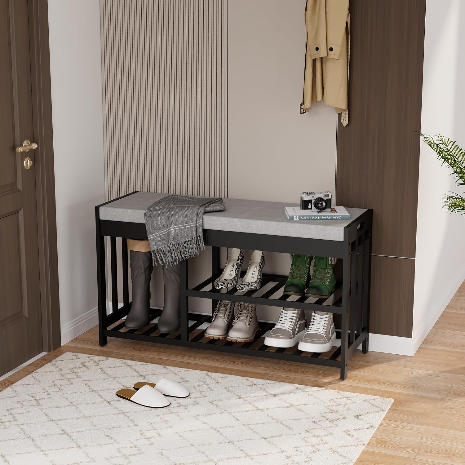 Bamboo Shoe Bench with Padded Seat, 3 Tier - 28.3 in, Adjustable Shelves