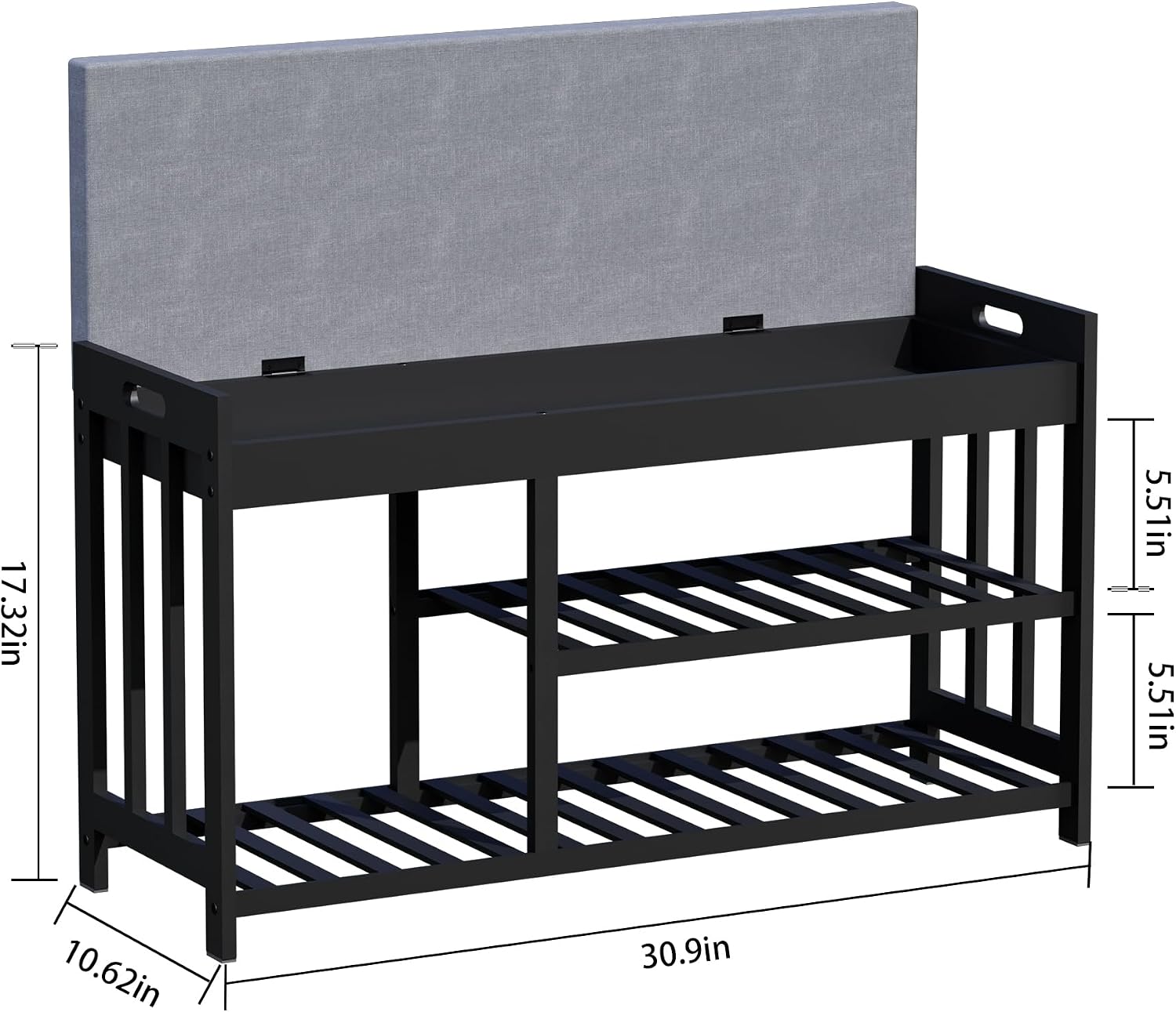 Bamboo Shoe Bench with Padded Seat, 3 Tier - 28.3 in, Adjustable Shelves