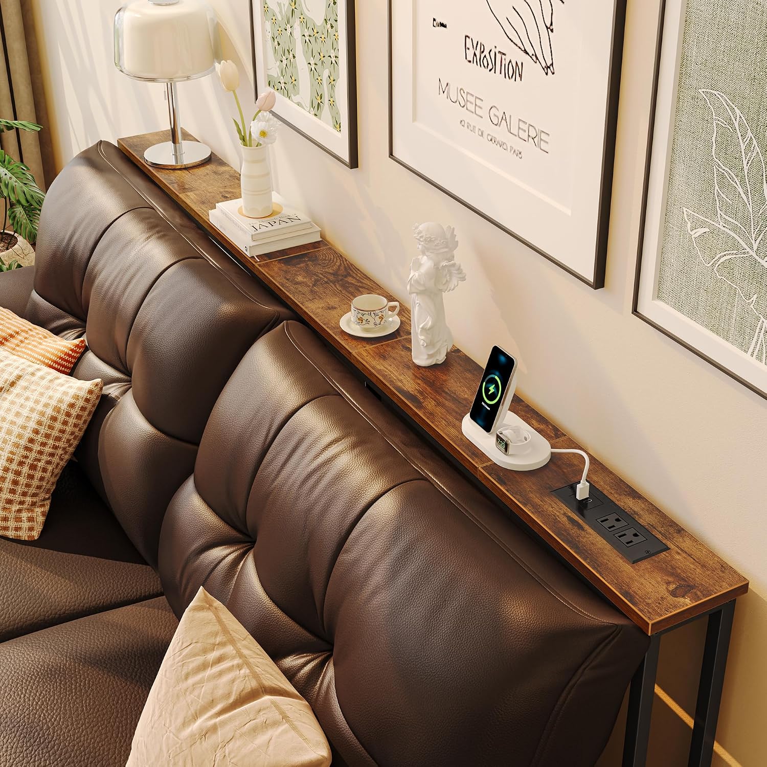 Skinny Console Table with Charging Station, 70.8 in - Rustic Brown