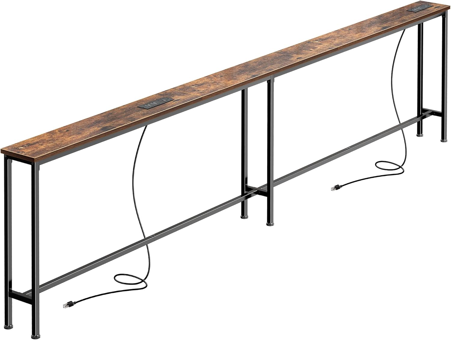 Extra-Long Sofa Table with 2 Power Outlets and USB-C, 102 in - 5.9 in Deep, Rustic Brown