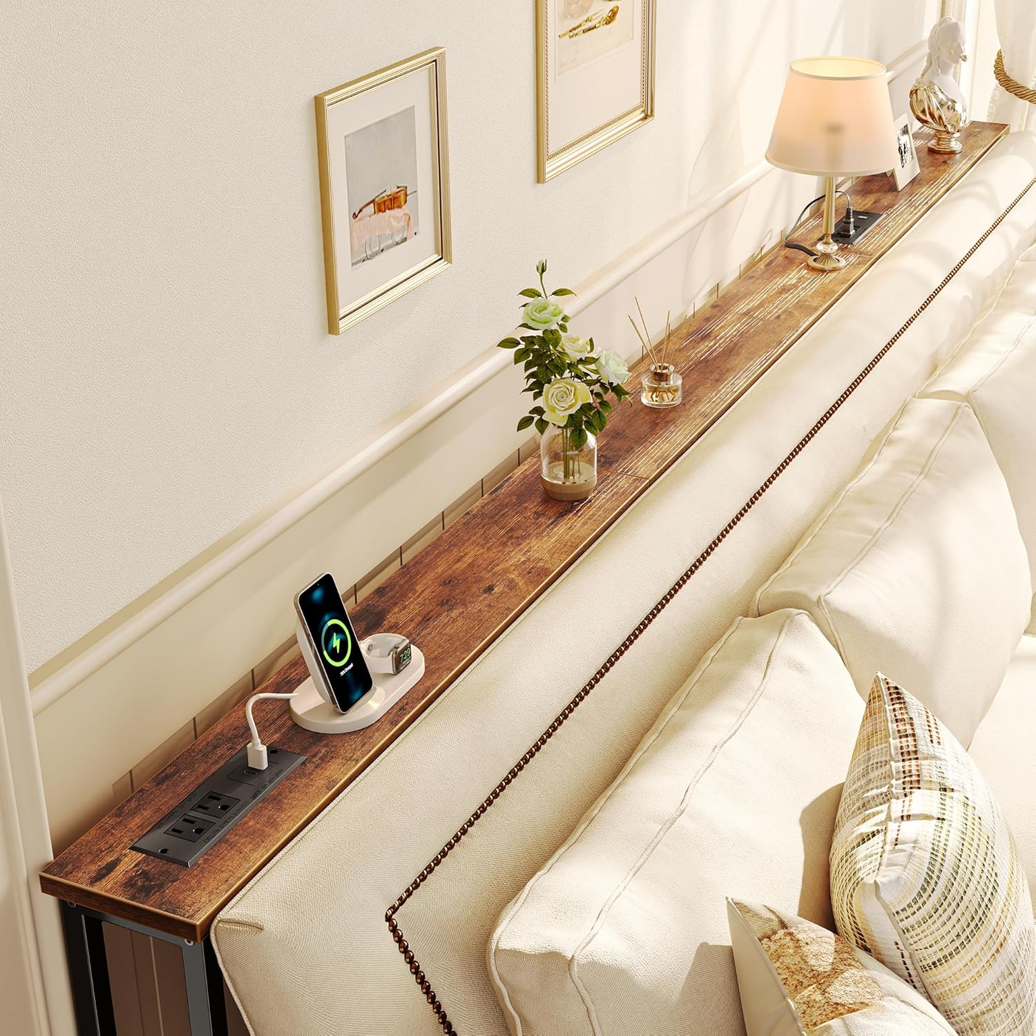 Extra-Long Sofa Table with 2 Power Outlets and USB-C, 102 in - 5.9 in Deep, Rustic Brown