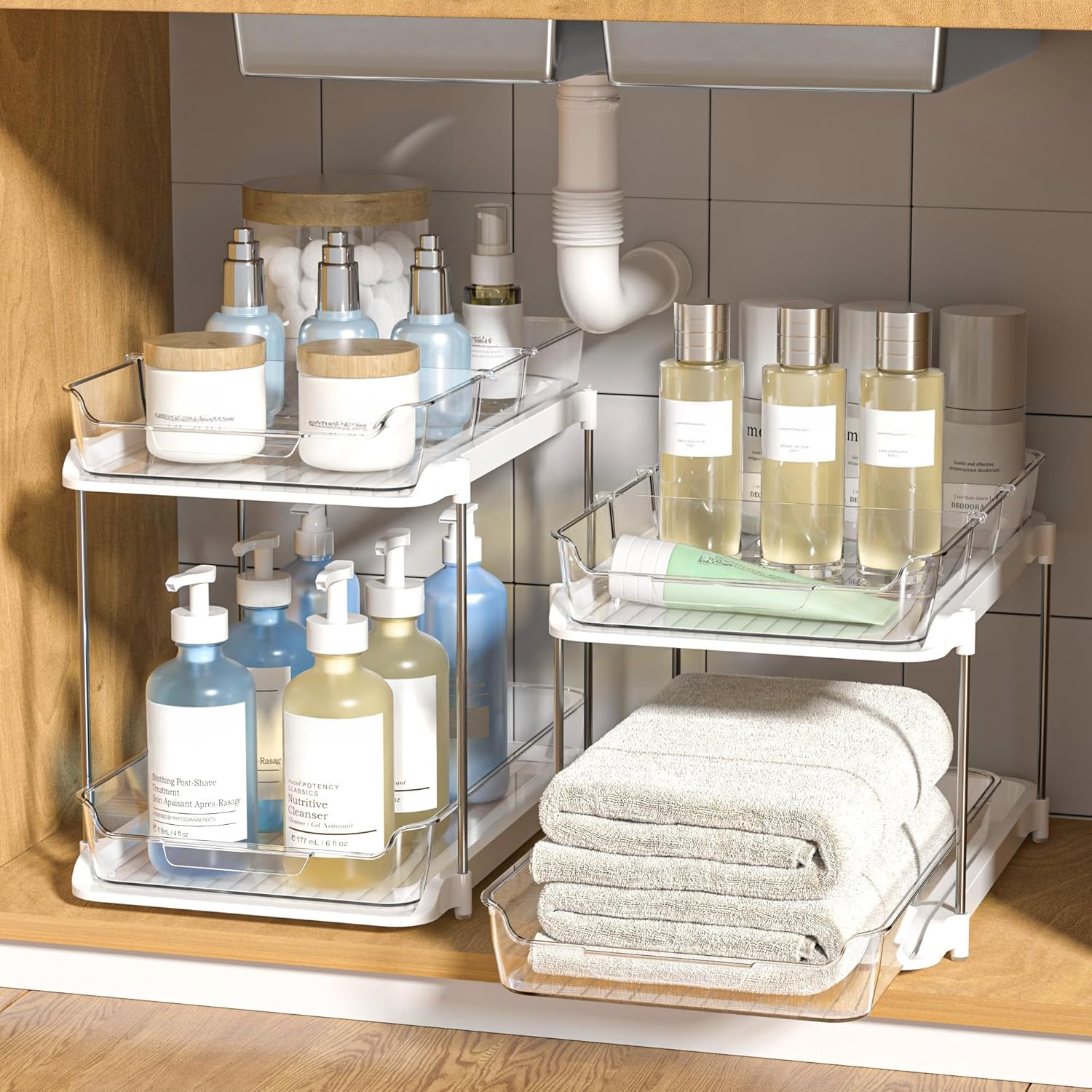 2-Tier Pull-Out Under-Sink Organiser with Movable Dividers - 2 Pack, White