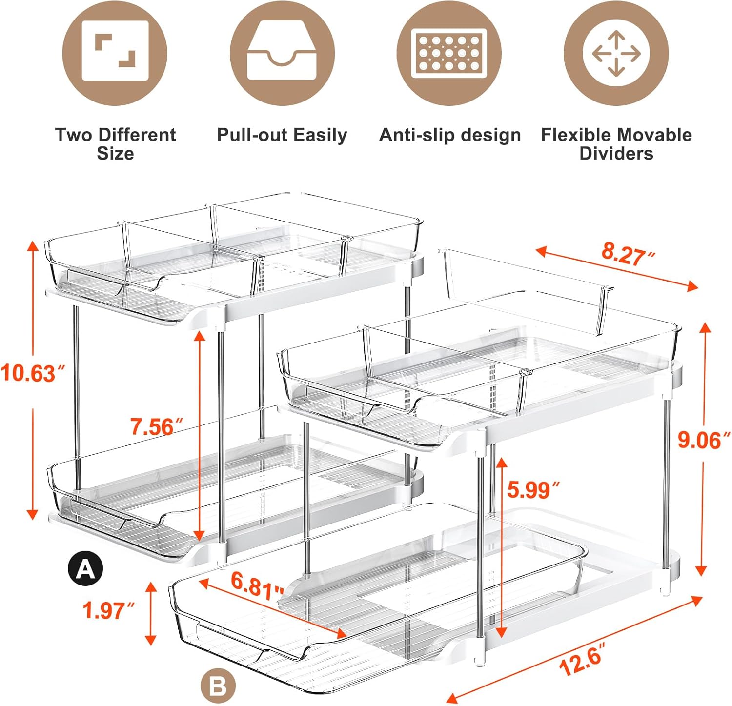 2-Tier Pull-Out Under-Sink Organiser with Movable Dividers - 2 Pack, White