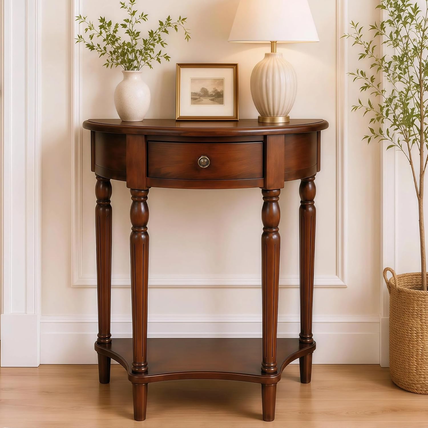 Half Moon Console Table in Solid Wood with Drawer and Shelf, 23.6 in - Walnut