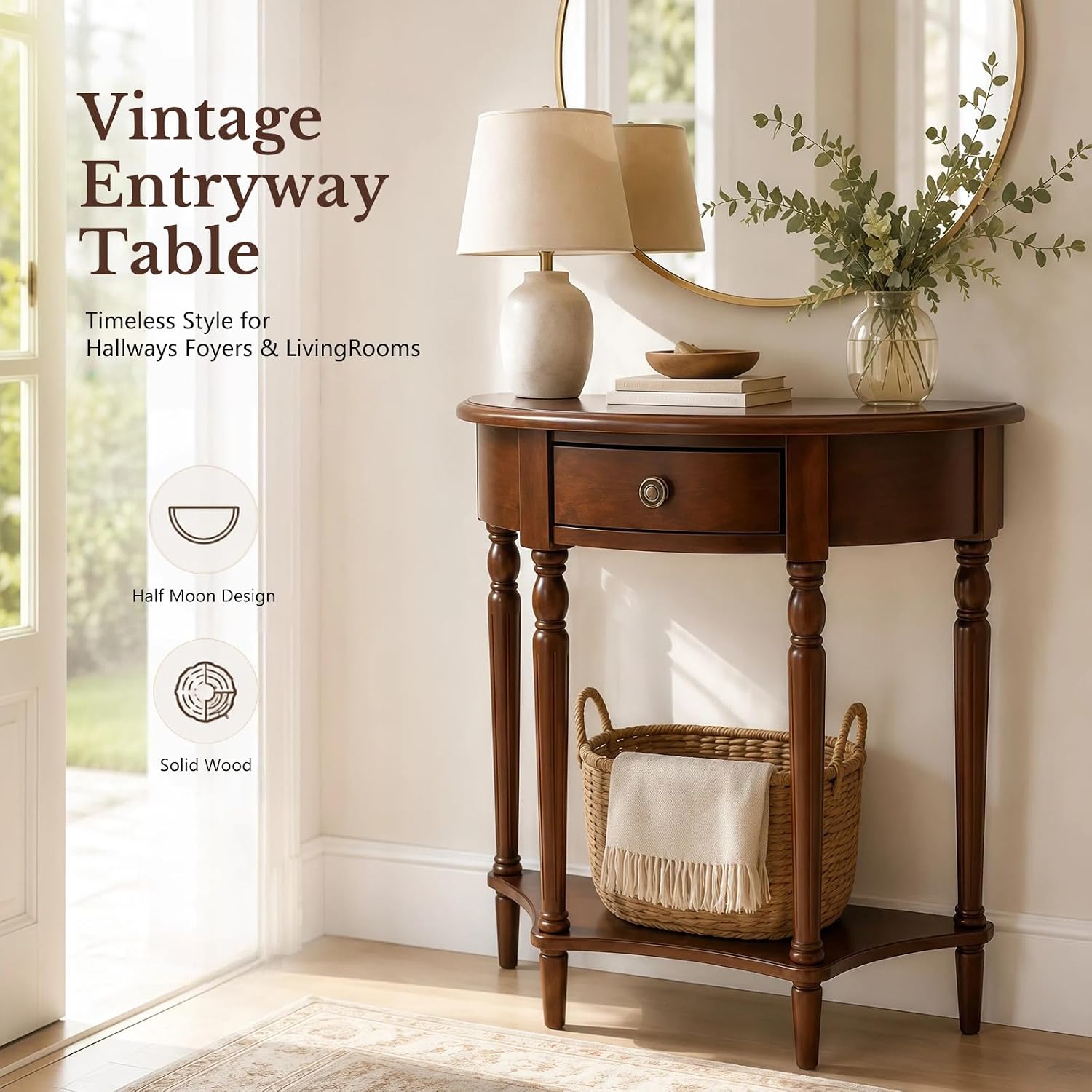 Half Moon Console Table in Solid Wood with Drawer and Shelf, 23.6 in - Walnut