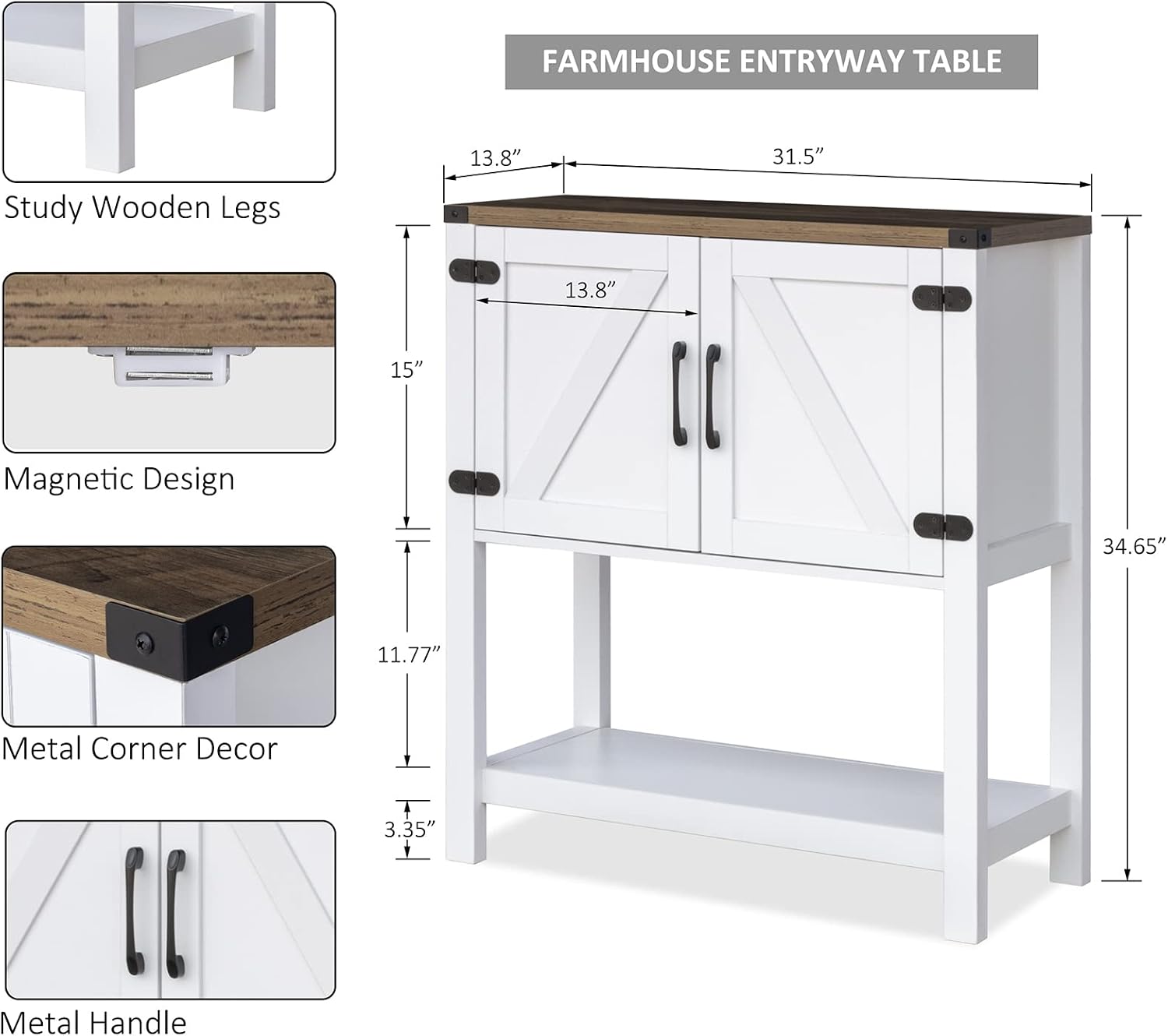 Console Table with 2 Storage Cabinets, 31.5 x 13.8 x 34.65 in - White