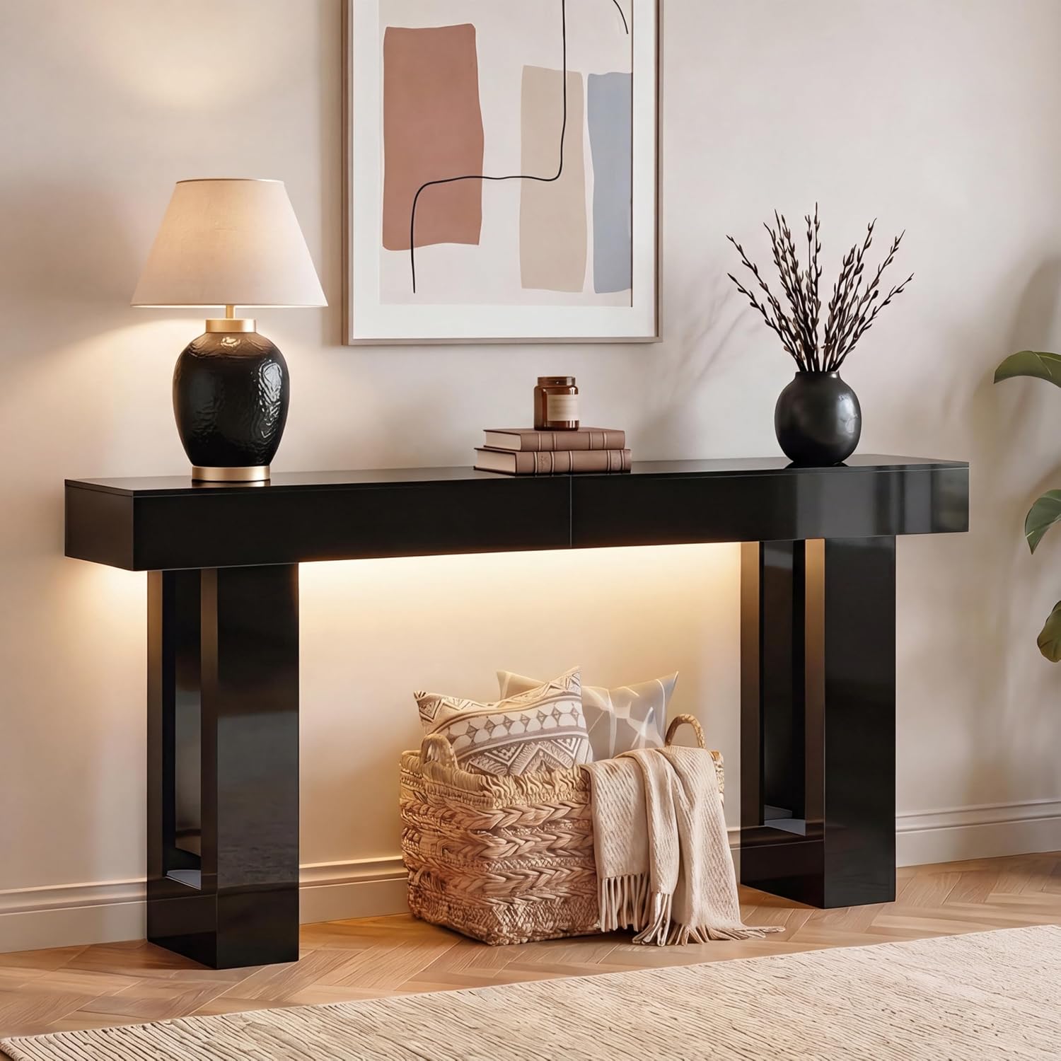 High Gloss Console Table with LED Lighting, 63 in Long - Black