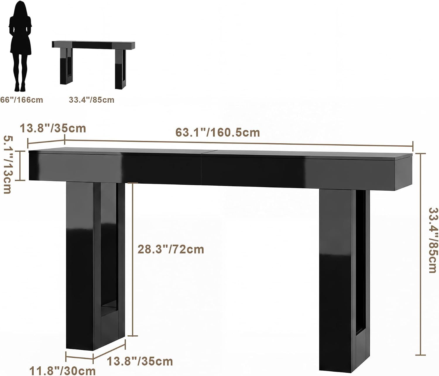 High Gloss Console Table with LED Lighting, 63 in Long - Black