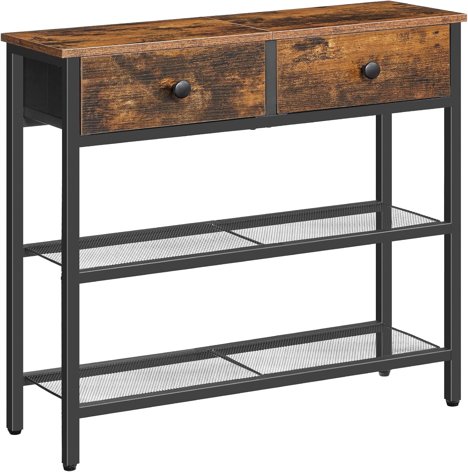 Narrow Console Table with 2 Fabric Drawers and 3-Tier Shelves, 29.5 in - Rustic Brown and Black