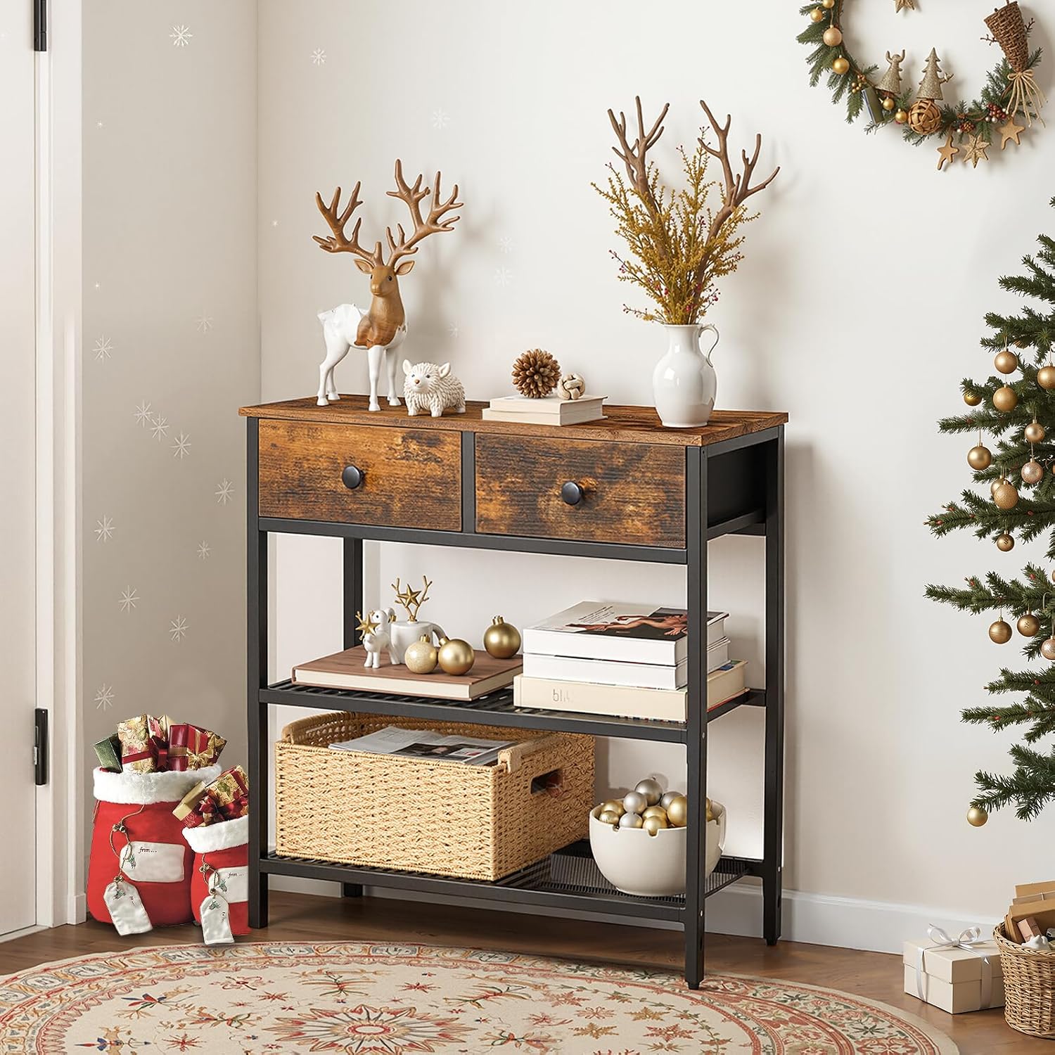 Narrow Console Table with 2 Fabric Drawers and 3-Tier Shelves, 29.5 in - Rustic Brown and Black