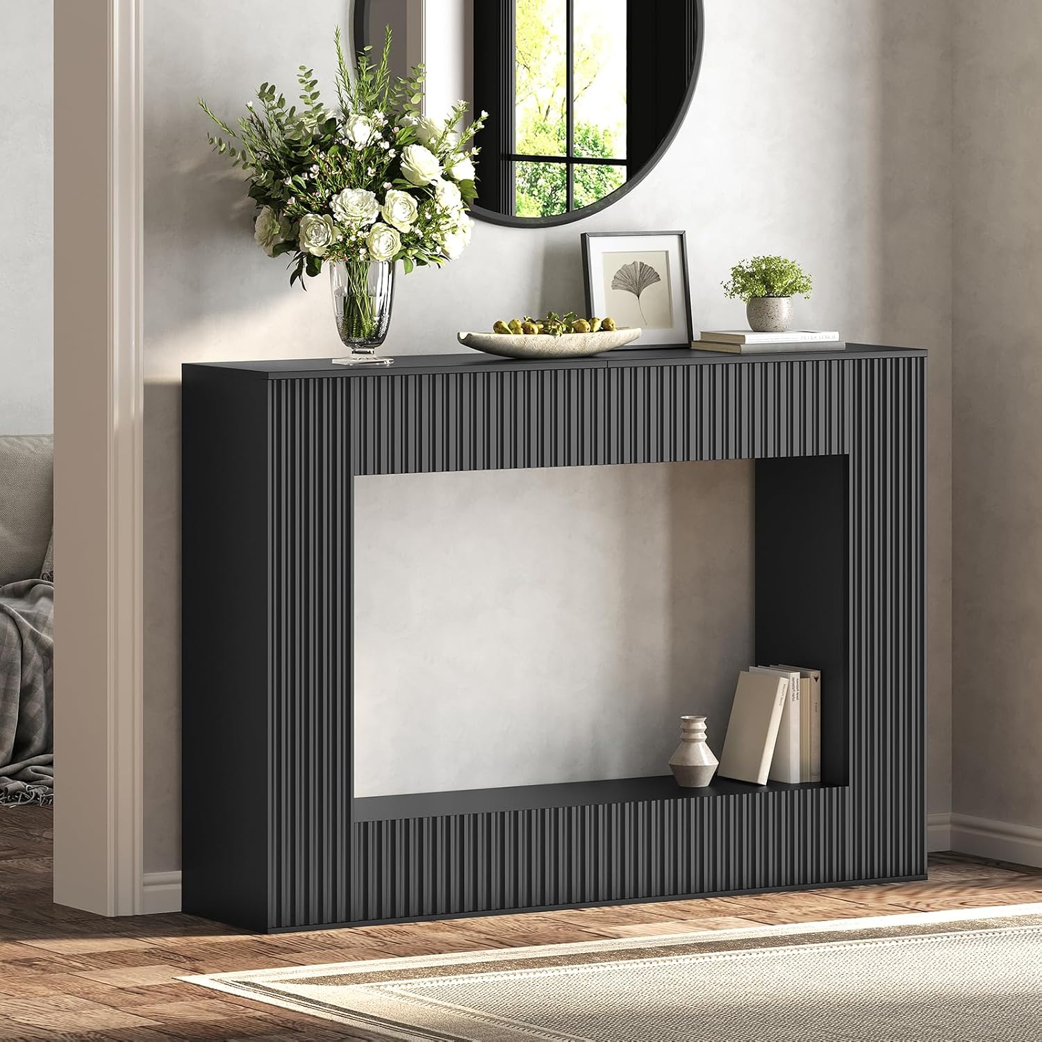 Fluted Console Table, 47.2 x 9.5 x 33.5 in - Engineered Wood, Black