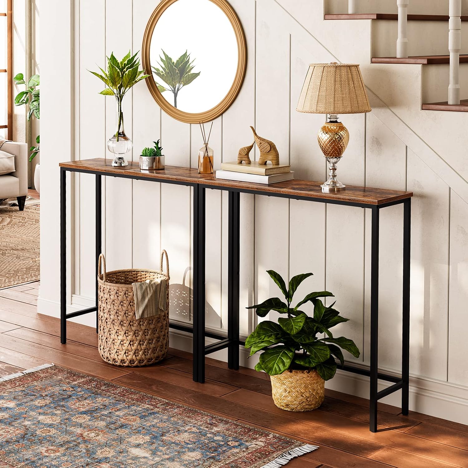 Thin Console Display Table, 29.5 in - Rustic Brown and Black