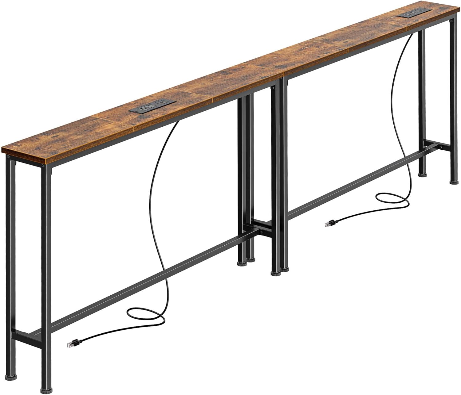 Narrow Behind-Couch Table with 2 Charging Stations, 78.8 in - Rustic Brown