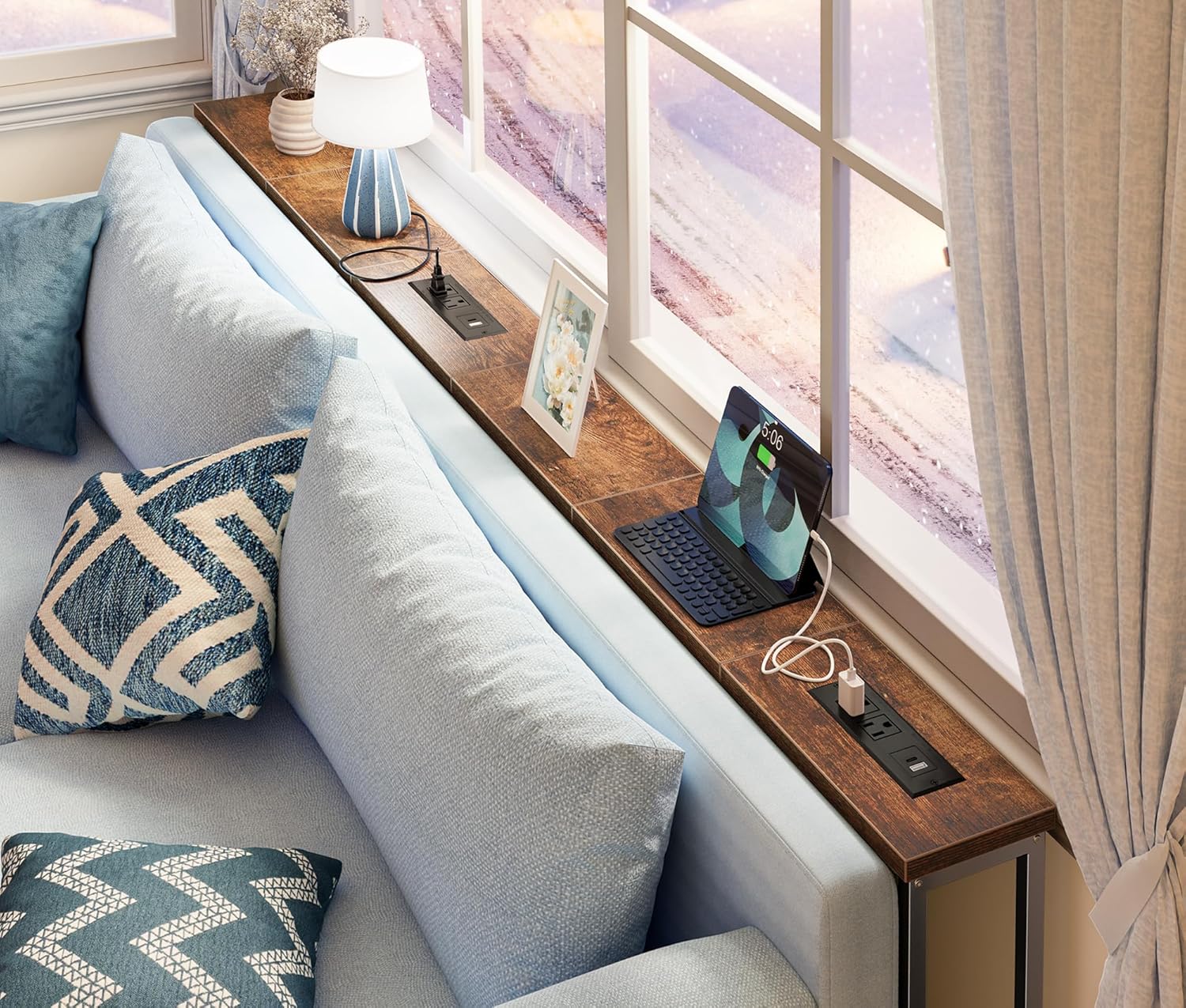 Narrow Behind-Couch Table with 2 Charging Stations, 78.8 in - Rustic Brown